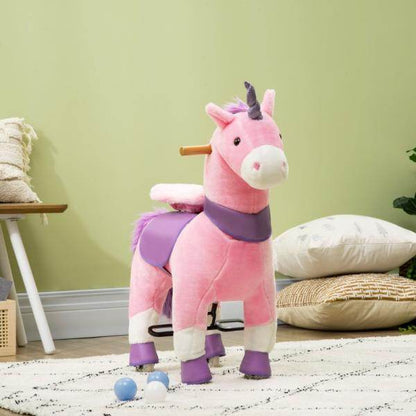 Schaukelpferd Einhorn 4 Rollen 2 Pedale gepolsterter Sattel Pink + Lila + Weiss - Palo24