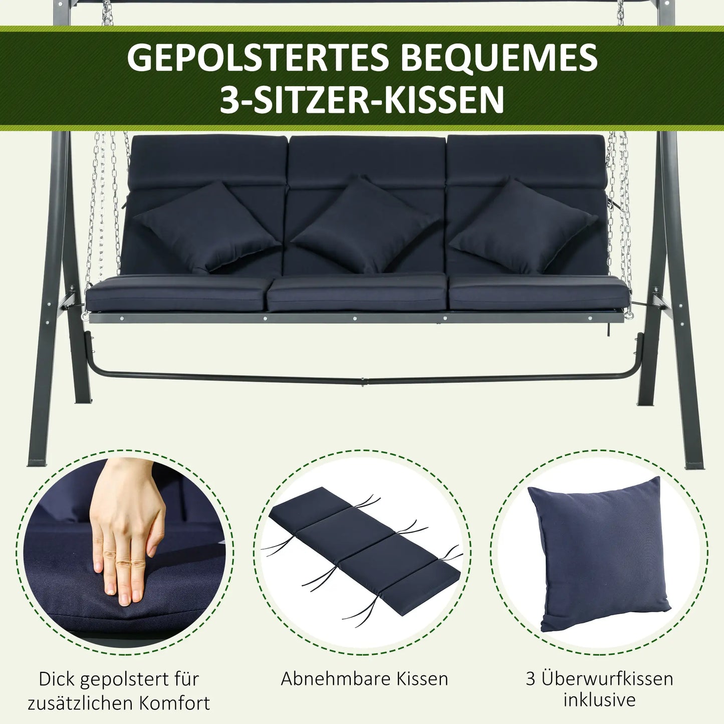 Hollywoodschaukel, für 3 Personen, verstellbares Sonnendach, bis 270 kg, dunkelblau