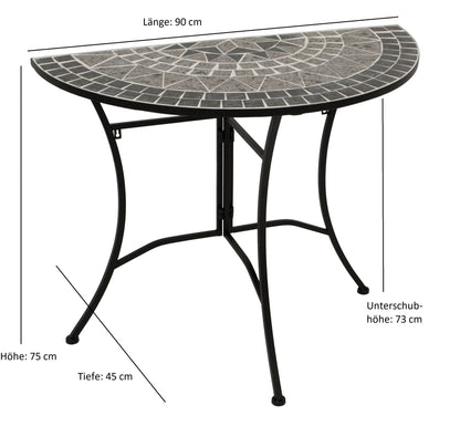 Table murale SIENA demi ronde 45x90cm, fer + mosaïque grise