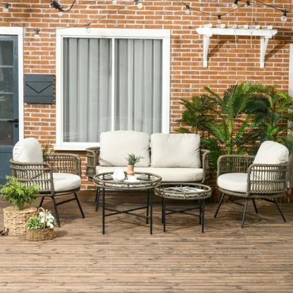 5-teiliges Gartenmöbel-Set Lounge aus PE-Rattan, 2 Sessel, 1 Sofa, 2 Beistelltisch, Boho-Stil, Braun+Grau - Palo24