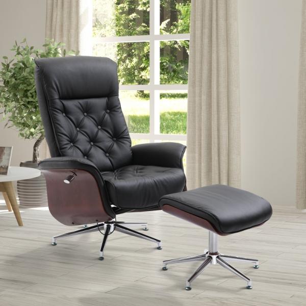 Chaise de relaxation avec tabouret, chaise TV, housse PU, lambris bois, piètement métal noir