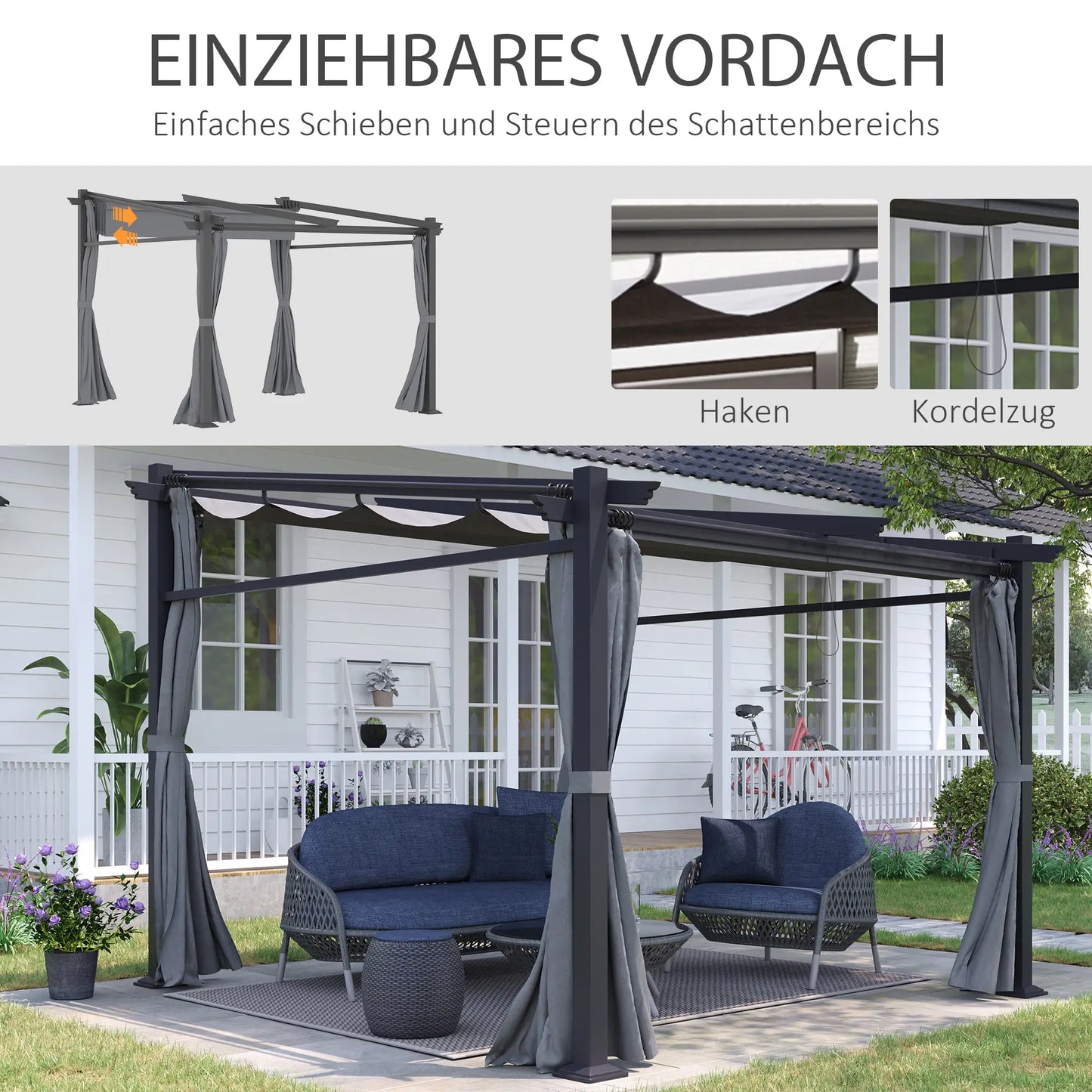 Pavillon Pergola, inklusive Befestigungsmaterial, ausziehbares Dach, Dunkelgrau