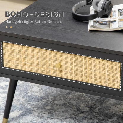 Couchtisch im Boho-Design, mit 1 Schublade, 2 Fächern, Rattan-Element, Schwarz + Natur