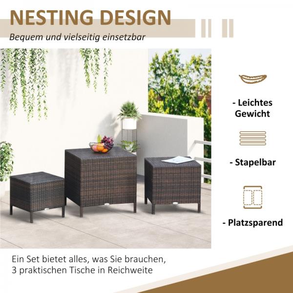 Beistelltisch 3er Set Gartentisch Balkontisch Polyrattan Braun