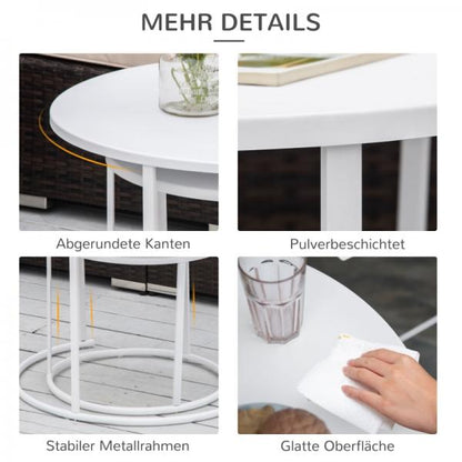 Beistelltisch, 2er Set, Garten Couchtisch, Kaffeetisch mit erhöhten Kanten, Metall Weiss, Ø70 x 50 cm