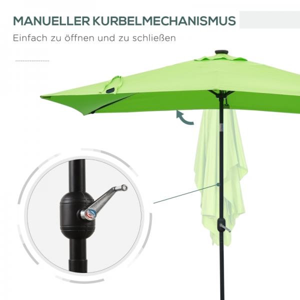 Parasol, Parasol, Inclinable, Alimentation Solaire, 22 LED, Vert, 2,95 x 1,90 x 2,55 m