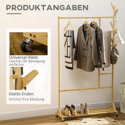 Garderobe aus Bambus, Kleiderhaken, Kleiderstange, Hosenständer, 1 Ablage, 4 Rollen, Natur