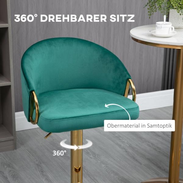 2er-Ser Barhocker im Vintage-Design, inkl. Fußtstütze, Samtoptik, Barstuhl, Grün + Gold