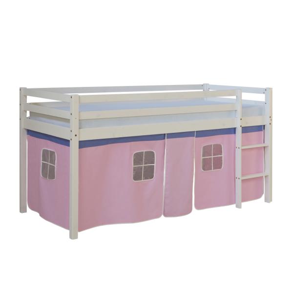 Lit mezzanine lit ludique lit enfant échelle pin rideau rose 90x200 lit jeunesse