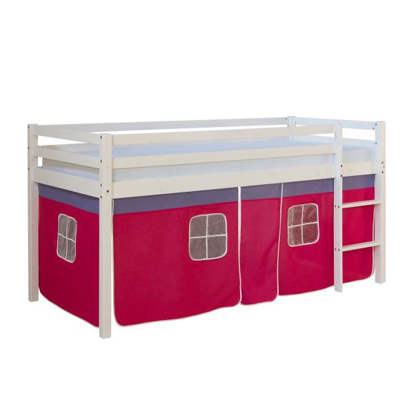 Hochbett Spielbett Kinderbett Leiter Kiefer Vorhang rot 90x200