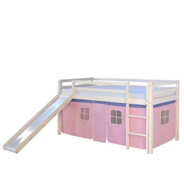 Hochbett Spielbett Kinderbett Rutsche Kiefer Vorhang pink 90x200 Jugendbett