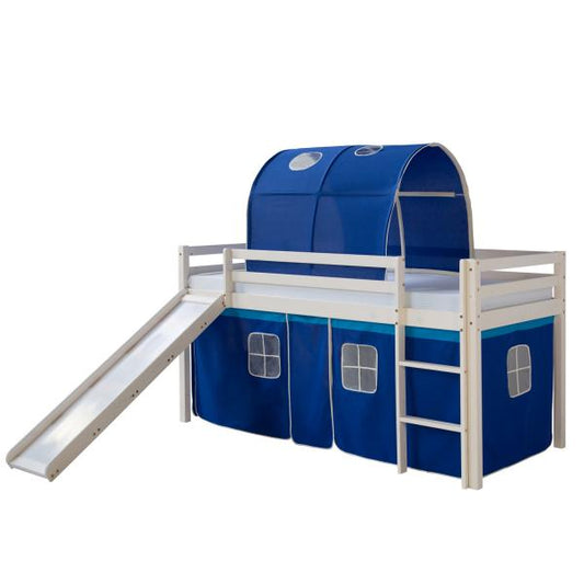 Hochbett Spielbett Kinderbett Rutsche Vorhang blau 90x200 Jugendbett Kiefer