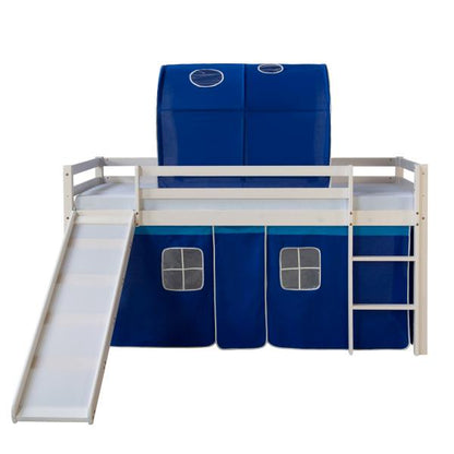 Lit mezzanine lit ludique lit enfant rideau coulissant bleu 90x200 lit jeunesse pin