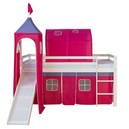 Hochbett Spielbett Kinderbett Rutsche Turm Vorhang rot 90x200 Jugendbett Tunnel