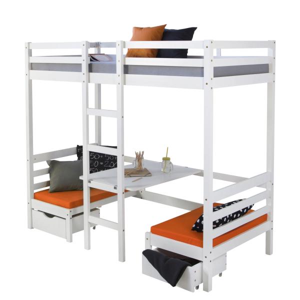 Kinderbett Hochbett 90x200 weiss Schreibtisch Etagenbett + Sitzkissen orange