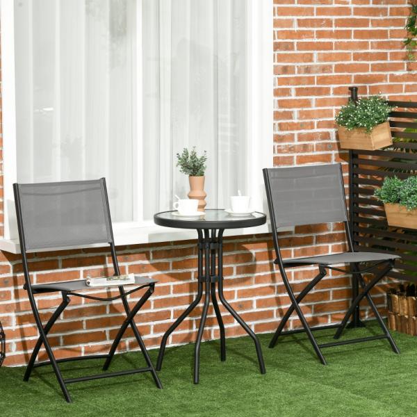 Gartenmöbel-Set, 3-tlg., runder Tisch, zwei Klappstühle, Stahlrahmen, grau - Palo24