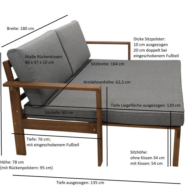 Canapé transat extensible BELIZE 180x135cm, acacia huilé, avec coussins gris