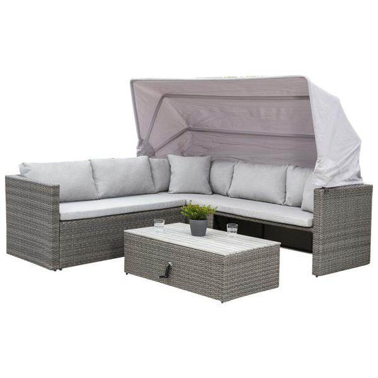 Funktions Lounge Eckgarnitur SAN MARCO mit Faltdach, Metall + Polyrattan grau - Palo24