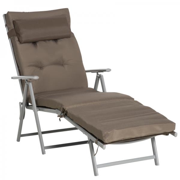 Chaise longue de plage, chaise longue de jardin pliable et réglable avec coussin de jardin en métal, tissu marron + argent