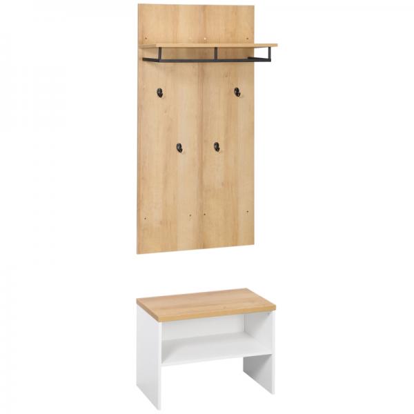 Garderobe mit Schuhbank, 1 Hutablage, 4 Kleiderhaken, Natur + Weiss