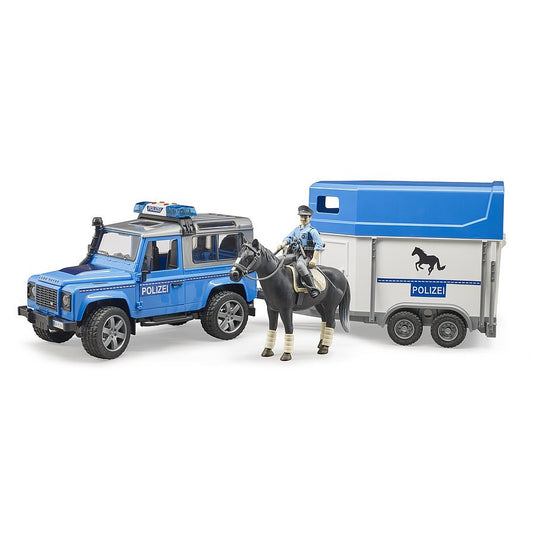 Bruder 02588 - Veicolo della polizia Land Rover Defender, cavallo e poliziotto