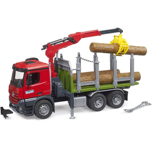 Bruder 03669 - MB Arocs camion trasporto legname con gru di carico, pinza + tronchi d'albero