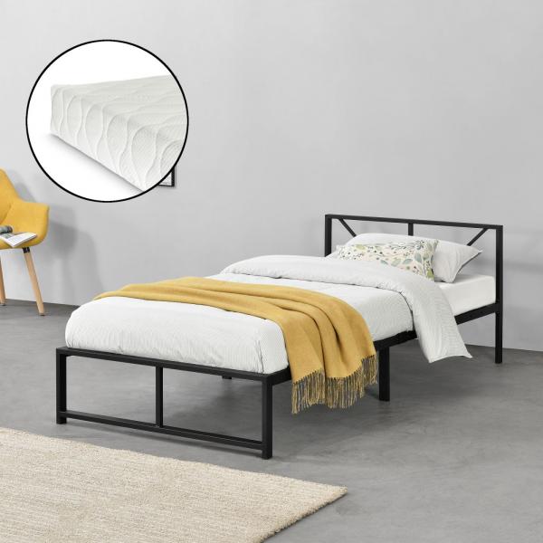 Letto in metallo Meran 90x200 cm con materasso in schiuma fredda fino a 200 kg Nero