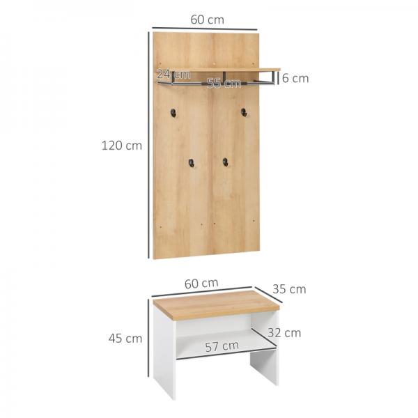 Garderobe mit Schuhbank, 1 Hutablage, 4 Kleiderhaken, Natur + Weiss