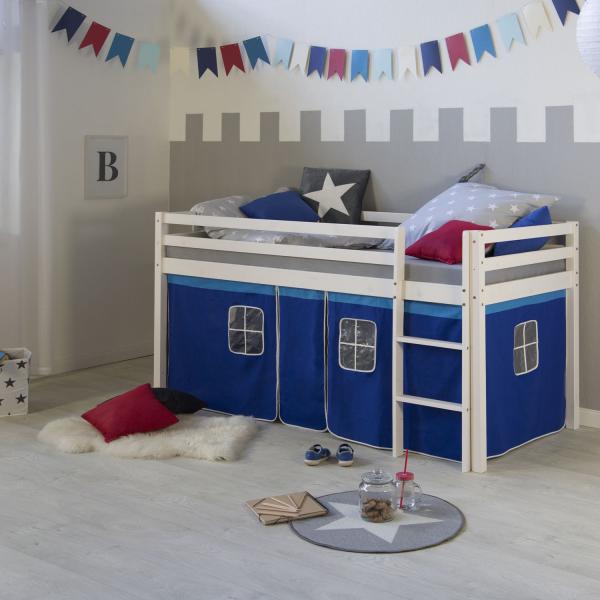 Kinderbett Hochbett Massiv Kiefer weiss Vorhang blau Spielbett 90 x 200 cm