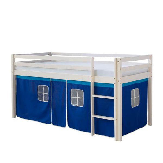 Kinderbett Hochbett Massiv Kiefer weiss Vorhang blau Spielbett 90 x 200 cm - Palo24