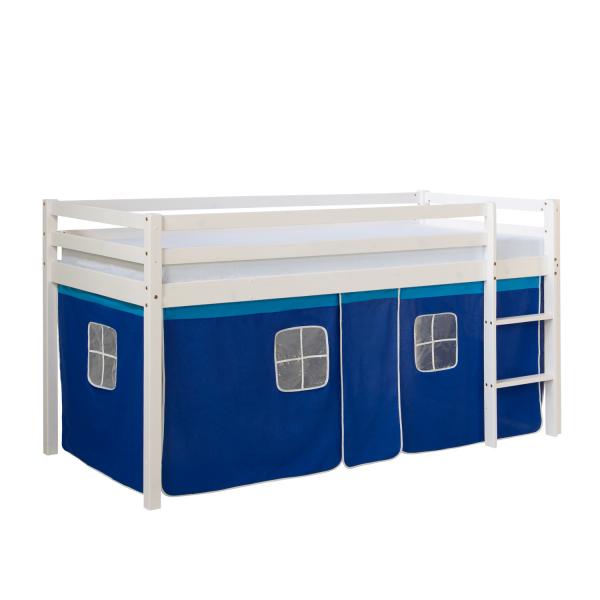 Kinderbett Hochbett Massiv Kiefer weiss Vorhang blau Spielbett 90 x 200 cm