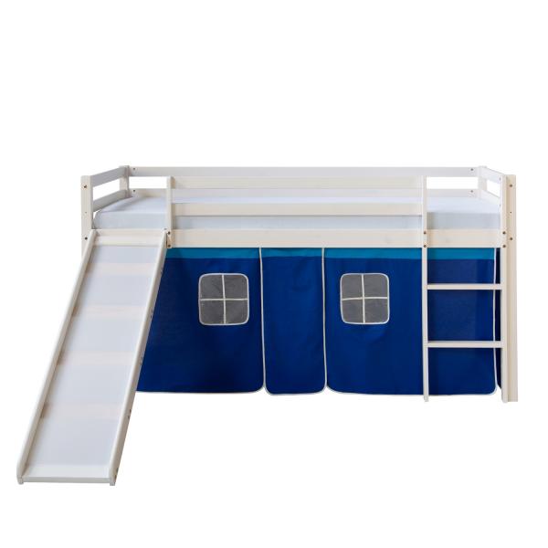 Kinderbett Hochbett Massiv Kiefer Weiss Vorhang blau Rutsche 90x200 cm