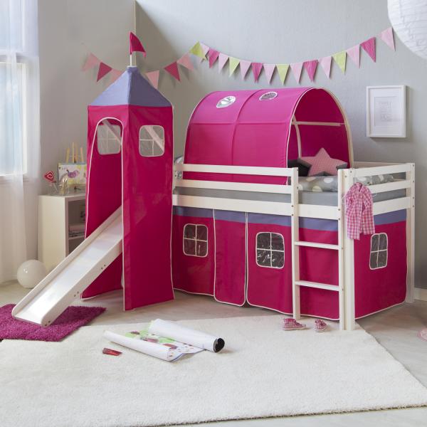 Hochbett Spielbett Kinderbett Rutsche Turm Vorhang rot 90x200 Jugendbett Tunnel