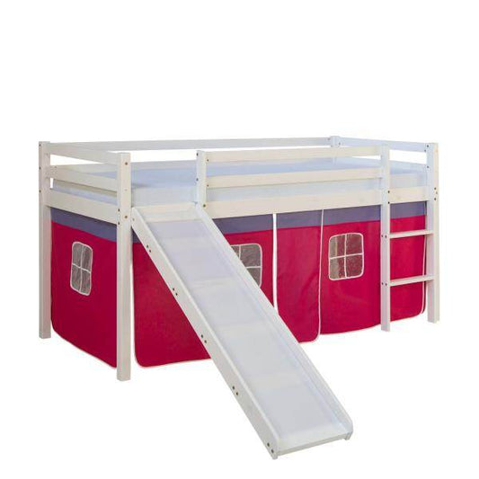 Kinderbett Hochbett Massiv Kiefer weiss pinker Vorhang, Rutsche, Spielbett 90 x 200 cm - Palo24