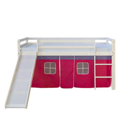 Kinderbett Hochbett Massiv Kiefer weiss pinker Vorhang, Rutsche, Spielbett 90 x 200 cm