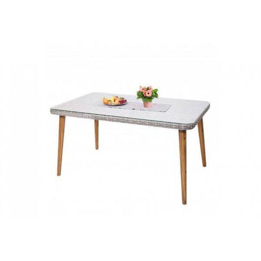 Poly-Rattan Esstisch HWC-H65, Garten-/Lounge-Tisch, Stahl + Akazie halbrundes Poly-Rattan MVG 150x90cm ~ grau - Palo24