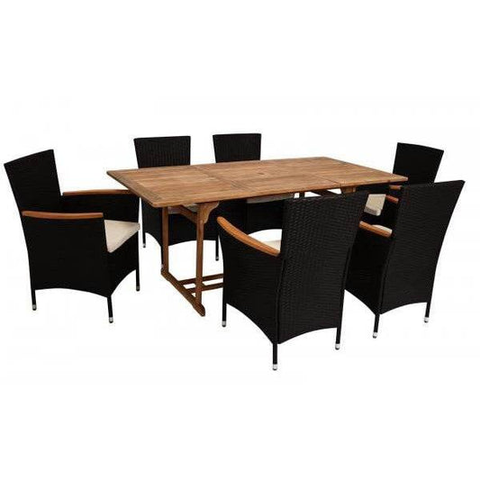 Garnitur Sitzgruppe MONTREUX 7-teilig, Geflecht schwarz + Akazien Holz, Tisch 90x180cm - Palo24