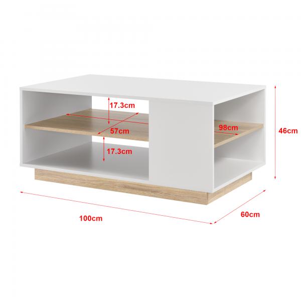 Table basse Trelleborg 100x60x46 cm avec 2 étagères blanc/chêne