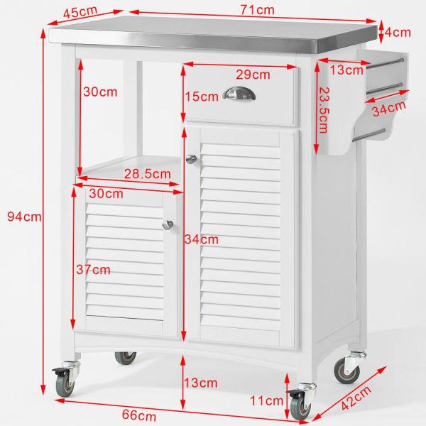 Desserte de cuisine à roulettes | Chariot de service en acier inoxydable | Armoire de cuisine blanche