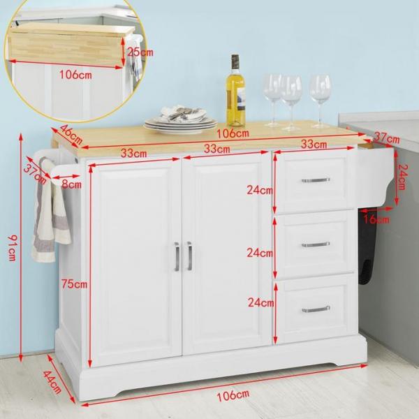 Kücheninsel | Küchenwagen mit erweiterbarer Arbeitsfläche | Küchenschrank Weiss