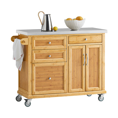 Kücheninsel | Küchenwagen mit Edelstahlarbeitsplatte | Küchenschrank Bambus