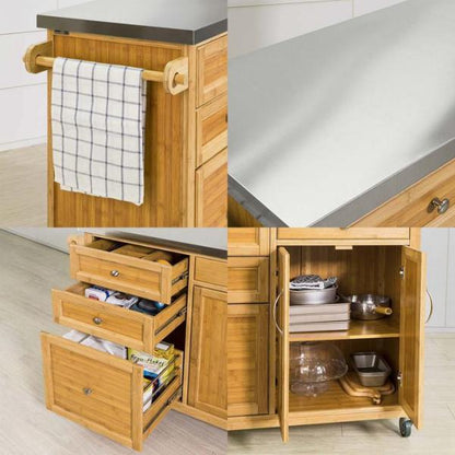 Kücheninsel | Küchenwagen mit Edelstahlarbeitsplatte | Küchenschrank Bambus