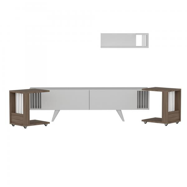 Table TV avec étagère et 2 tables d'appoint Glostrup aspect chêne / blanc