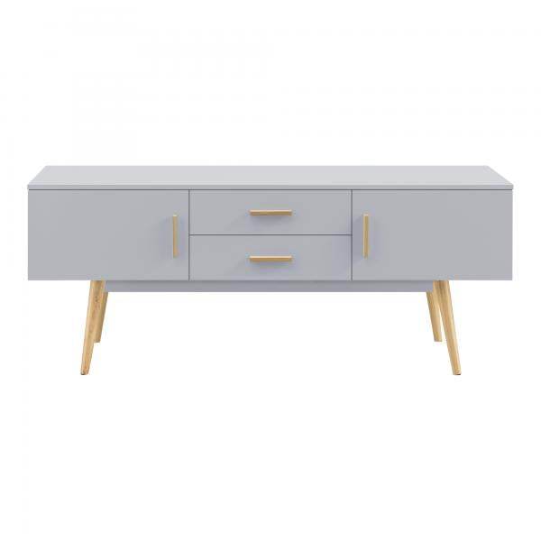 Table TV Alavus 140x40x56 cm avec 2 portes d'armoire et tiroirs gris clair