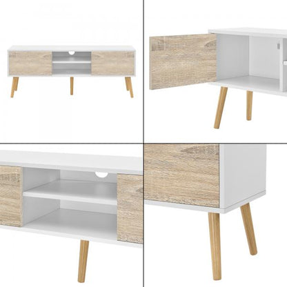 Meuble TV Eskilstuna 120 x 29,5 x 46,5 cm avec 2 portes d'armoire et 2 compartiments de rangement blanc/chêne