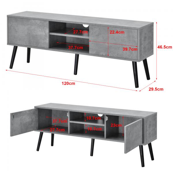 Meuble TV Eskilstuna 120 x 29,5 x 46,5 cm avec 2 portes d'armoire et 2 compartiments de rangement aspect béton