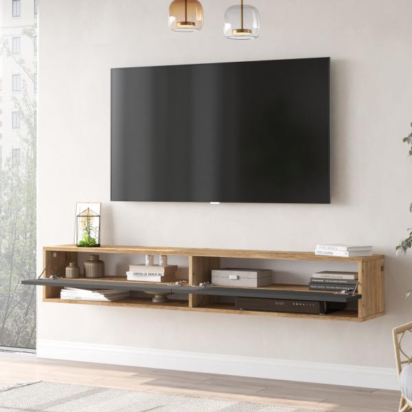 Tavolino porta TV Laitila con 2 vani portaoggetti 180 x 31,5 x 29,5 cm rovere rustico/antracite