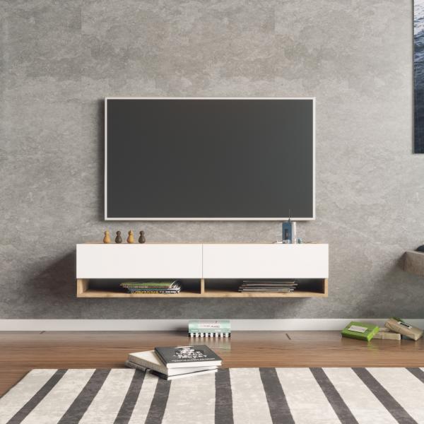 Laitila meuble TV avec 2 compartiments de rangement 140 x 31,5 x 29,5 cm chêne rustique/blanc