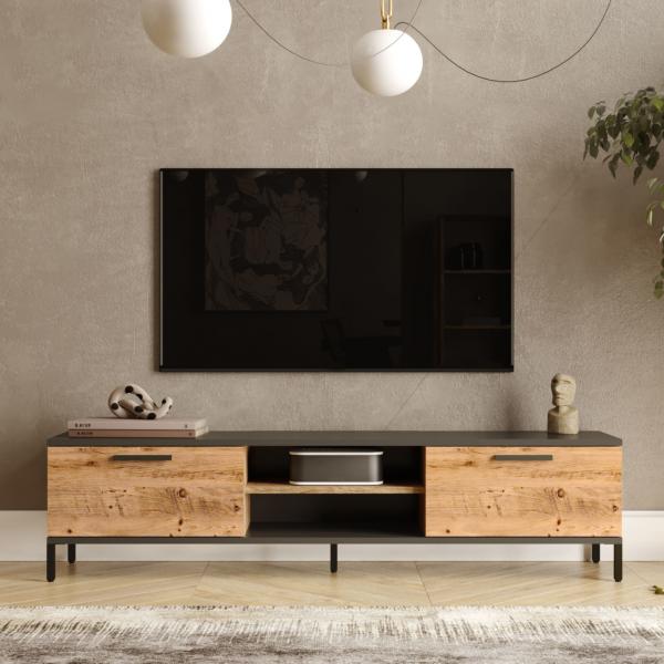 Lempäälä Meuble TV avec 2 compartiments de rangement 160 x 35 x 39 cm chêne rustique/anthracite