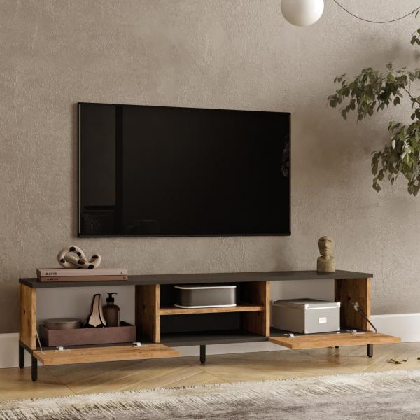 Lempäälä Meuble TV avec 2 compartiments de rangement 160 x 35 x 39 cm chêne rustique/anthracite